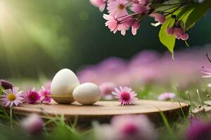 Due uova su un' di legno piatto nel il mezzo di un' campo con rosa fiori. ai-generato foto