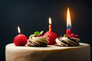 un' compleanno torta con candele e lamponi. ai-generato foto