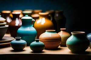un' collezione di colorato vasi e ciotole. ai-generato foto