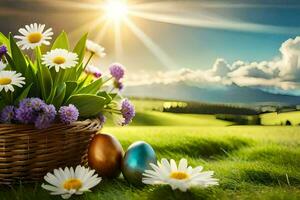 Pasqua uova nel un' cestino su un' soleggiato giorno. ai-generato foto
