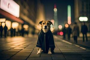 un' cane nel un' cappotto seduta su il strada a notte. ai-generato foto