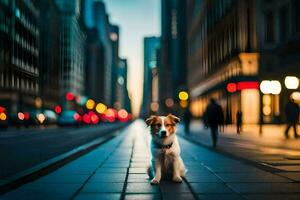 un' cane in piedi su il strada nel un' città. ai-generato foto