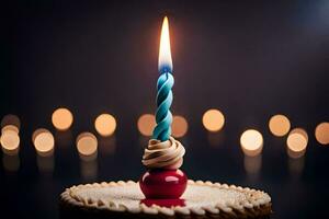 un' compleanno torta con un' singolo candela. ai-generato foto