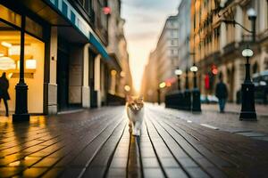 un' gatto a piedi giù un' strada a tramonto. ai-generato foto