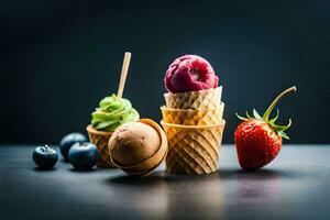 ghiaccio crema nel coni con frutti di bosco e fragole. ai-generato foto