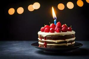 un' compleanno torta con un' illuminato candela. ai-generato foto