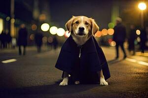 un' cane indossare un' cappotto su il strada a notte. ai-generato foto