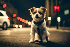 un' piccolo cane seduta su il strada a notte. ai-generato foto