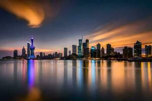 il orizzonte di shanghai a notte. ai-generato foto