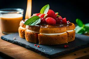 un' torta con frutti di bosco e cioccolato su un' nero ardesia. ai-generato foto