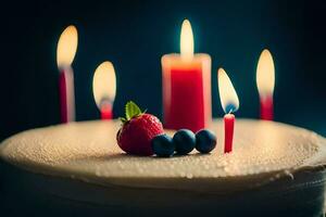 candele siamo illuminato su un' compleanno torta con frutti di bosco. ai-generato foto