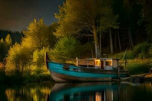 un' barca si siede su il riva a notte. ai-generato foto