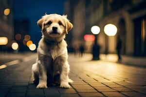 un' cane seduta su il marciapiede a notte. ai-generato foto