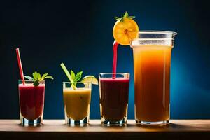 quattro diverso tipi di succhi di frutta e bevande nel occhiali. ai-generato foto
