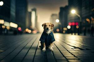 un' cane indossare un' camicia su un' città strada. ai-generato foto