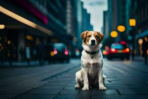 un' cane seduta su il strada nel un' città. ai-generato foto