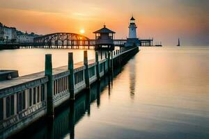 un' faro sta su il acqua a tramonto. ai-generato foto