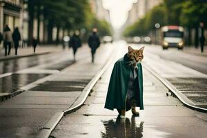 un' gatto indossare un' mantello su un' città strada. ai-generato foto