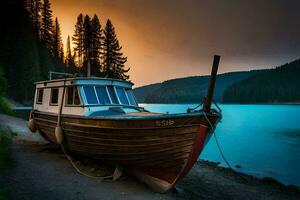 un' barca si siede su il riva di un' lago a tramonto. ai-generato foto