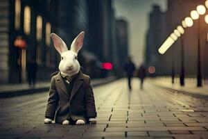 un' coniglio vestito nel un' completo da uomo e cravatta si siede su il strada. ai-generato foto