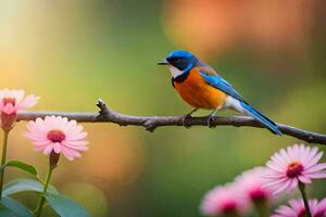 un' blu e bianca uccello è arroccato su un' ramo nel davanti di rosa fiori. ai-generato foto