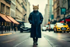 un' gatto indossare un' maschera su il strada. ai-generato foto