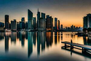 il città di dubai a tramonto. ai-generato foto