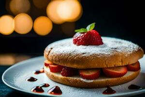 un' fragola e crema Sandwich su un' piatto. ai-generato foto