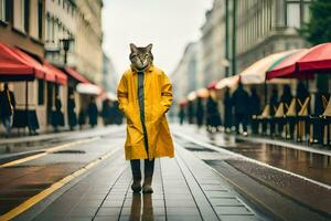 un' gatto indossare un' giallo cappotto e a piedi giù un' strada. ai-generato foto