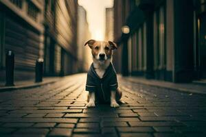 un' cane nel un' completo da uomo seduta su il strada. ai-generato foto