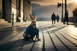 un' coniglio nel un' completo da uomo seduta su il strada. ai-generato foto