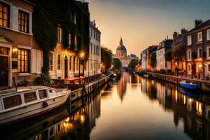 un' canale nel il mezzo di un' città con Barche. ai-generato foto