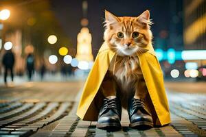 un' gatto indossare un' giallo impermeabile e stivali. ai-generato foto