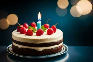 un' compleanno torta con un' singolo candela su superiore. ai-generato foto
