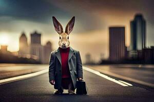 un' coniglio nel un' completo da uomo e cravatta in piedi su il strada. ai-generato foto