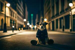 un' cane seduta su il terra nel il mezzo di un' città strada. ai-generato foto