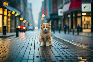 un' gatto è seduta su il marciapiede nel un' città. ai-generato foto