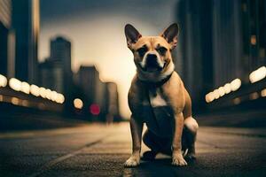 un' cane seduta su il strada nel il città. ai-generato foto