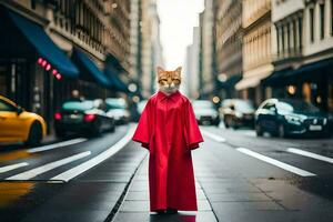 un' Volpe indossare un' rosso cappotto e a piedi giù un' città strada. ai-generato foto