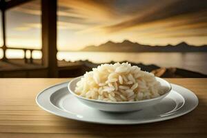 un' piatto di riso su un' di legno tavolo. ai-generato foto