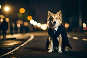 un' cane vestito nel un' completo da uomo e cravatta si siede su il strada a notte. ai-generato foto