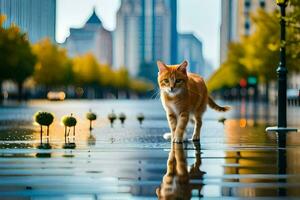 un' gatto a piedi attraverso un' bagnato strada nel il città. ai-generato foto