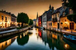 un' canale nel il mezzo di un' città a tramonto. ai-generato foto