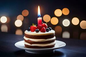 un' compleanno torta con un' illuminato candela. ai-generato foto