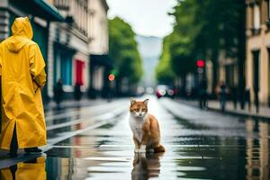 un' gatto nel un' impermeabile in piedi su un' bagnato strada. ai-generato foto