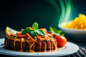 un' piatto di cibo con verdure e carne. ai-generato foto