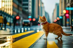 un' gatto è in piedi su il strada nel il pioggia. ai-generato foto