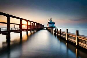 un' barca attraccato a il fine di un' molo a tramonto. ai-generato foto