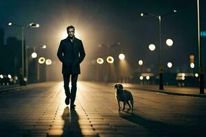 un' uomo a piedi il suo cane nel il scuro. ai-generato foto
