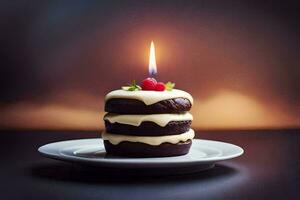 un' torta con un' candela su superiore. ai-generato foto